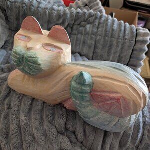 VINTAGE WOODEN LAYING CAT KITTEN PINK TAIL HAND PAINTED PASTEL COLOR 12" LONG